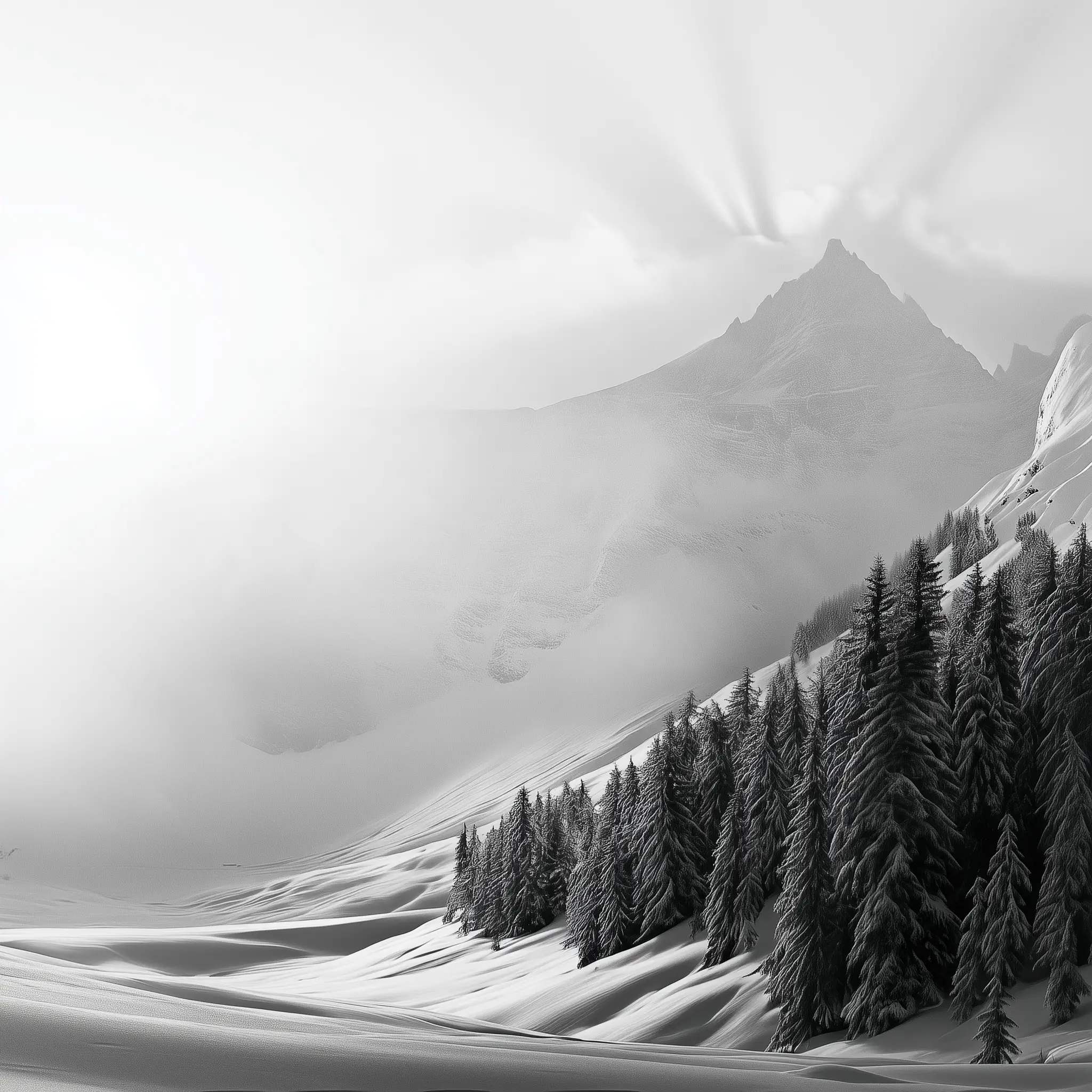 Fog breaking over an alpine peak, black pines on a snow slope